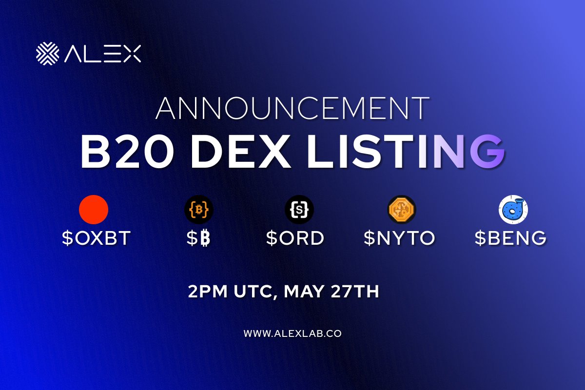 ALEXLabBTC's tweet image. Announcement of Trading Start:

$OXBT, $ ₿ , $ORDS, $NYTO and $BENG will start trading from 2pm UTC today.
👉🏻
The token holders can start placing sell orders now.
👉🏻
Buy orders will be accepted from 2pm UTC today.
@BitGod21 #Bitcoin📷 #DeFi #B20LaunchPad #B20Swap
