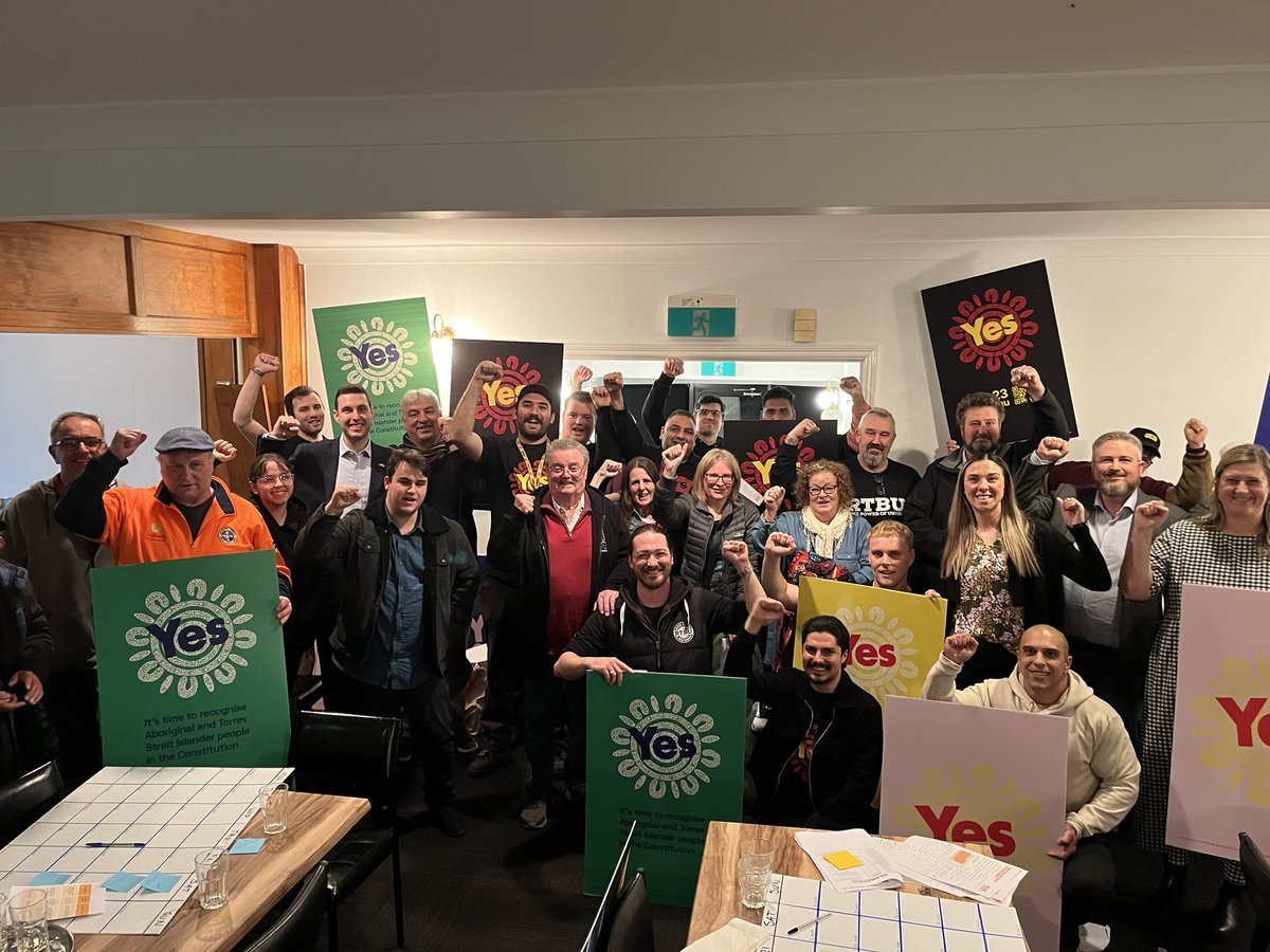 VicUnions's tweet photo. West-side #UnionsForYes launch! These legends heard from @AWUnion National Indigenous Officer Guyson Baker about the importance of a Voice to Parliament &amp; together planned 24 local street stalls &amp; train station handouts! 💪 #yes23 https://t.co/HTTPJw0p5l