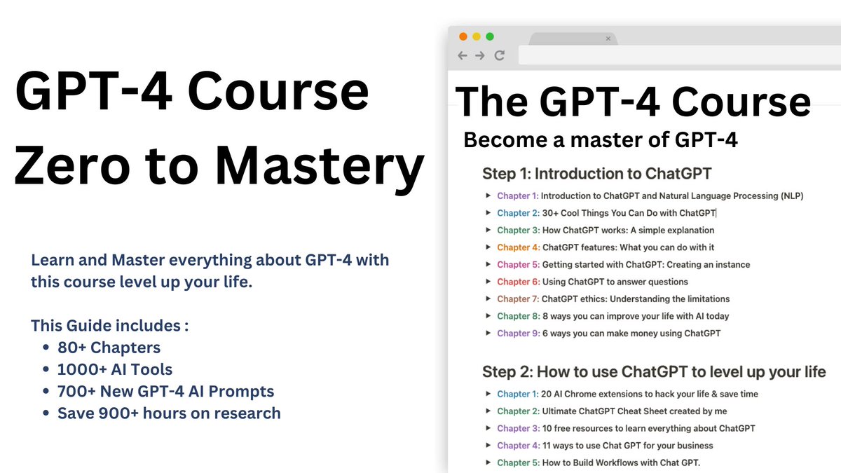 Hasan Toor ✪ (@hasantoxr) on Twitter photo GPT-4 will make you superhuman.
But 97% still don’t know how to use it.
So I built Ultimate GPT-4 Mastery Course
• 80+ Chapters
• 1000+ New AI Tools & GPT Prompts
For the next 24 hrs, it’s FREE!
To get it, just:
1. Follow me <a href="/hasantoxr/">Hasan Toor ✪</a>
2. Like this tweet
3. Reply "SEND" GPT-4 will make you superhuman.
But 97% still don’t know how to use it.
So I built Ultimate GPT-4 Mastery Course
• 80+ Chapters
• 1000+ New AI Tools & GPT Prompts
For the next 24 hrs, it’s FREE!
To get it, just:
1. Follow me <a href="/hasantoxr/">Hasan Toor ✪</a>
2. Like this tweet
3. Reply "SEND"