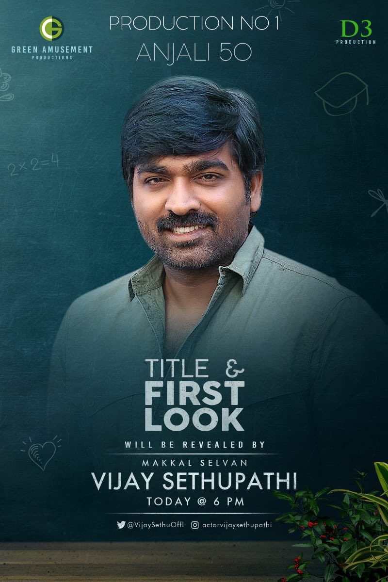 *Twitter*

#𝐀𝐍𝐉𝐀𝐋𝐈𝟓𝟎 <a href="/yoursanjali/">Anjali</a> 's 5⃣0⃣th Movie Title &amp; First Look Will be revealed by <a href="/VijaySethuOffl/">VijaySethupathi</a> today @ 6⃣PM

🎬<a href="/Ashokdirector01/">Ashok Velayutham</a> 
🎹<a href="/dharankumar_c/">Dharan kumar</a>
 🎥<a href="/Sridhar_DOP/">Sridhar</a>
✂️ <a href="/Cinemainmygenes/">Editor PraveenKl</a>
✍️@TherukuralArivu
💸<a href="/greenamusement/">Green Amusement Production</a> 
<a href="/D3_production/">D3production</a>
📣 <a href="/pro_guna/">Guna</a> @shiek_pro