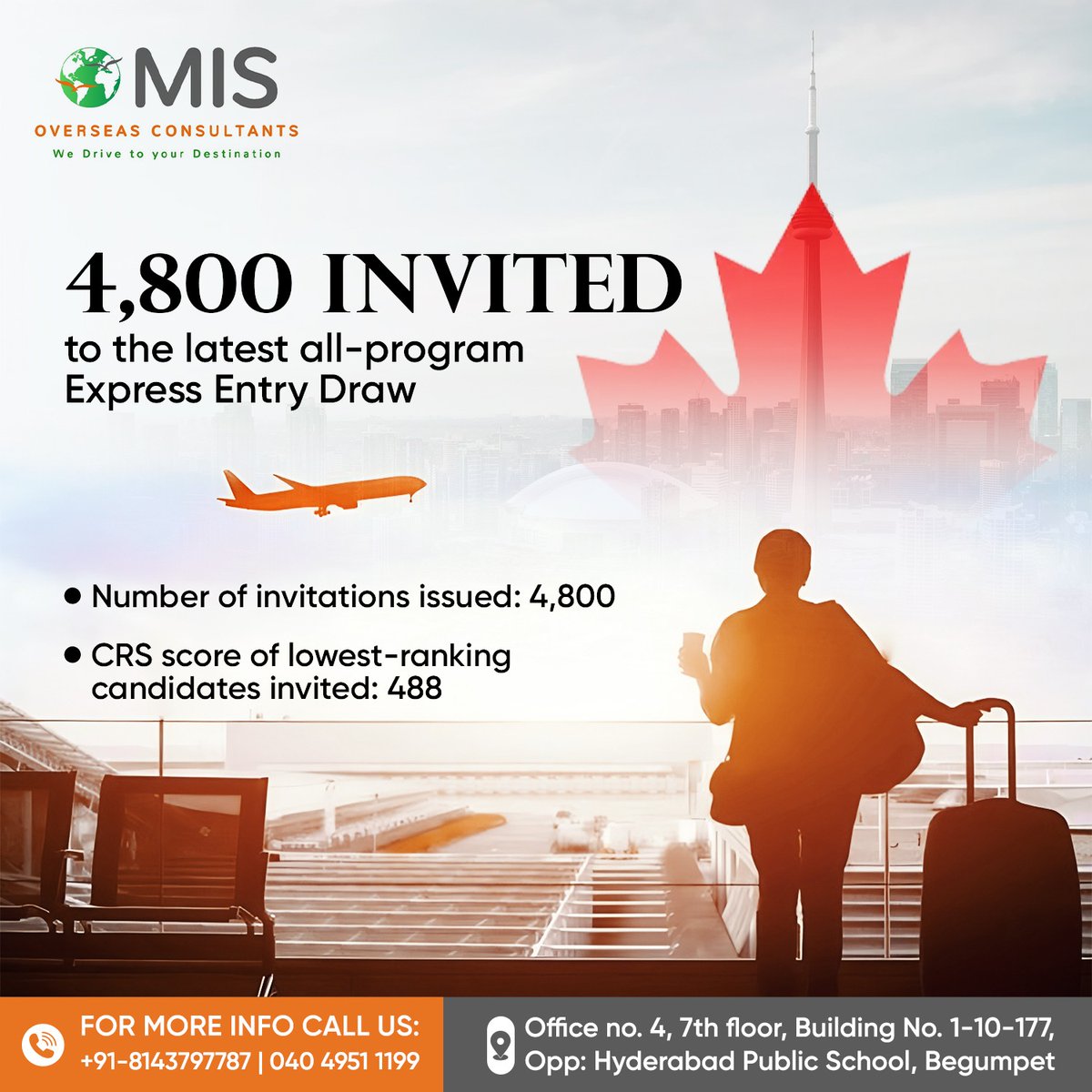 🇨🇦 4800 Candidates were invited to the latest All-Program Express Entry Draw 
🍁 CRS Score of lowest candidates invited is 488
#canada #permanentresidence #immigrationconsultant #immigrationlawyer #immigrationservices #immigrationconsultants #dreamjob #dreamcountry 
#jobsabroad