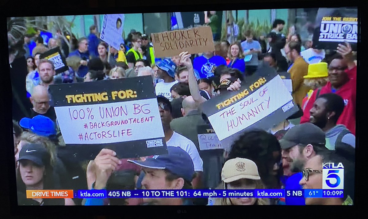 TheMarkRoman's tweet photo. My sign and ‘stache made @KTLA -
Fighting for 100% Union BG
(not 28 out of 300)
#BackgroundTalent #actorslife #writersstrike #unionsstrikeback #unionsstrikeback2023 #sign https://t.co/58i6diPKXW
