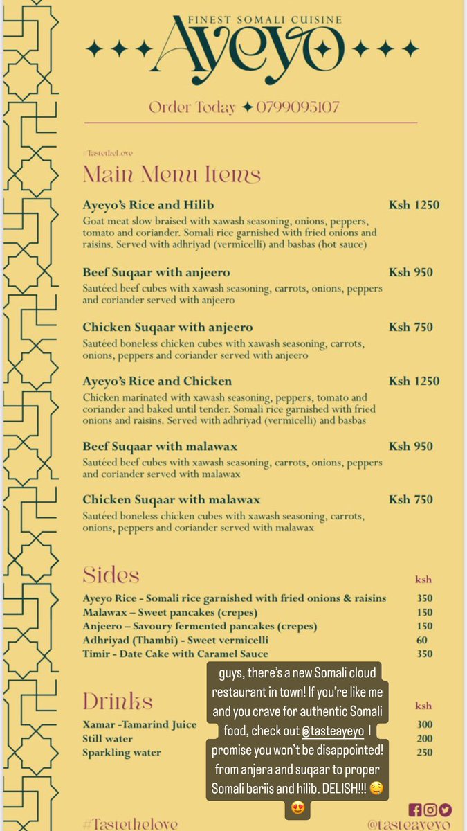 Aisha_Huda's tweet photo. Craving for authentic Somali cunto in Nairobi? Check out @TasteAyeyo on IG. https://t.co/CzTeYbedxk