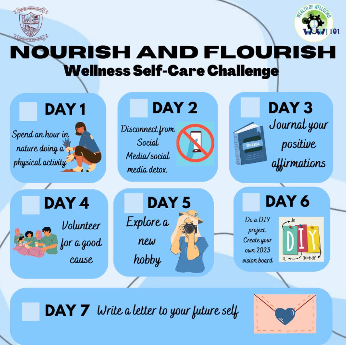 Calling all students and teachers from every phase! The WOW!101 team is thrilled to have you join us in the 'NOURISH &amp; FLOURISH' 7-day challenge. Discover the key to revitalizing your mind and body from the 27th May to 2nd June! Tag us and use #nourishandflourish to join us!