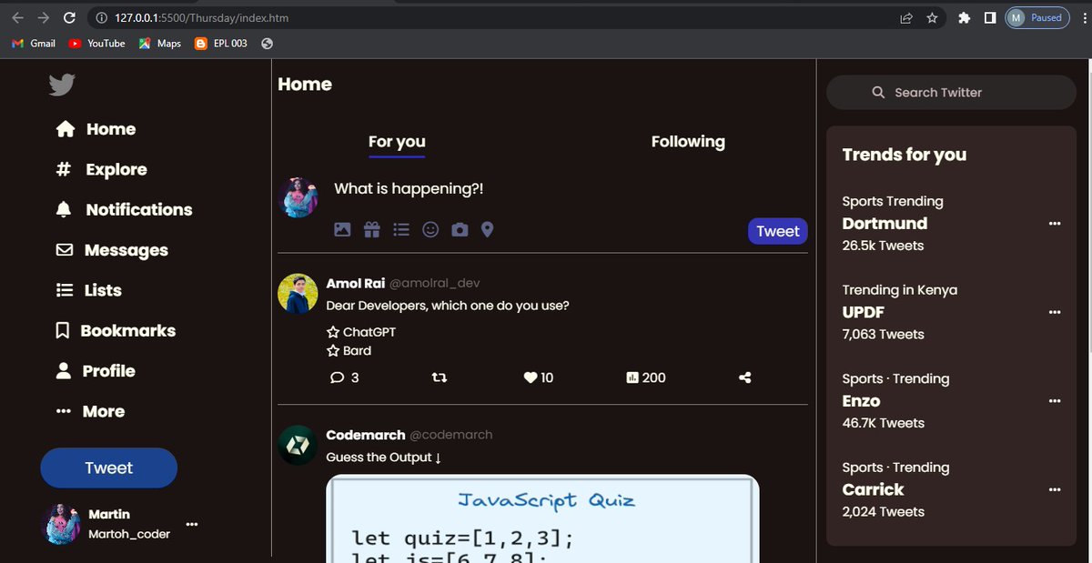 I designed a twitter clone with HTML and CSS. 
#100DaysOfCode 
How is my design? 
Any changes to be made?