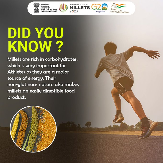 #internationalyearofmillets 

#DYK

Millets are rich in carbohydrates, which is very important for Athletes as they are a major source of energy.  Their non-glutinous nature also makes millets an easily digestible food product.

@icarindia @IYM2023 #IYM2023 #YearOfMillets