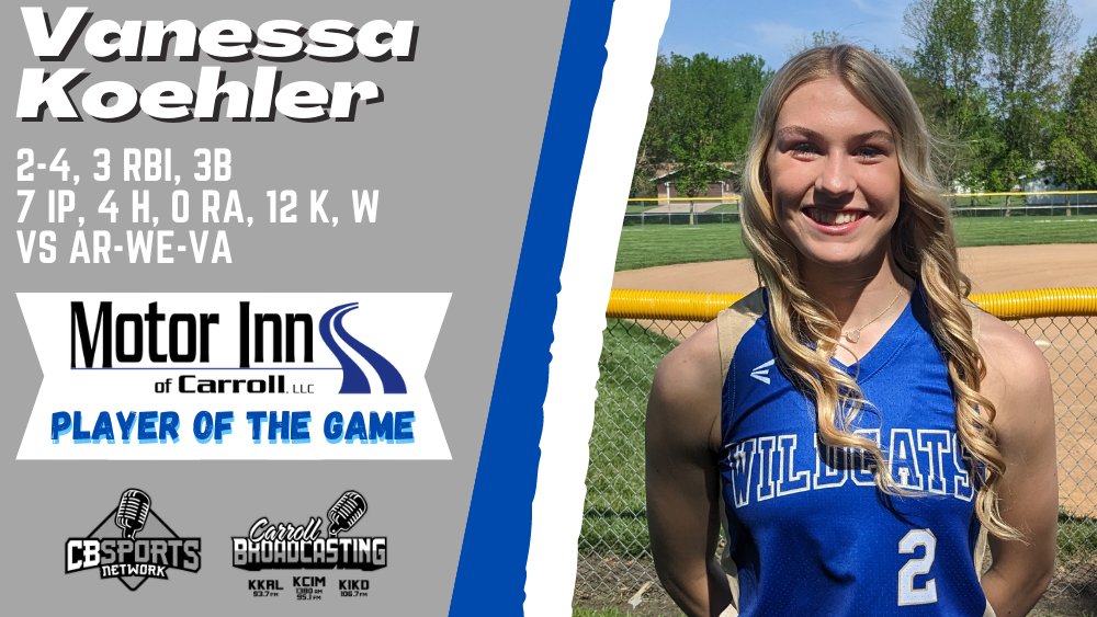 Congratulations to Vanessa Koehler of Glidden Ralston Softball on being named our Motor Inn Player of the Game against Ar-We-Va! Koehler pitched well with 12 strikeouts and allowing no runs while going 2-4 at the plate with three RBIs and a triple.
<a href="/GRWildcatsAD/">Glidden-RalstonAD</a> <a href="/GliddenRalston/">Glidden-Ralston</a>