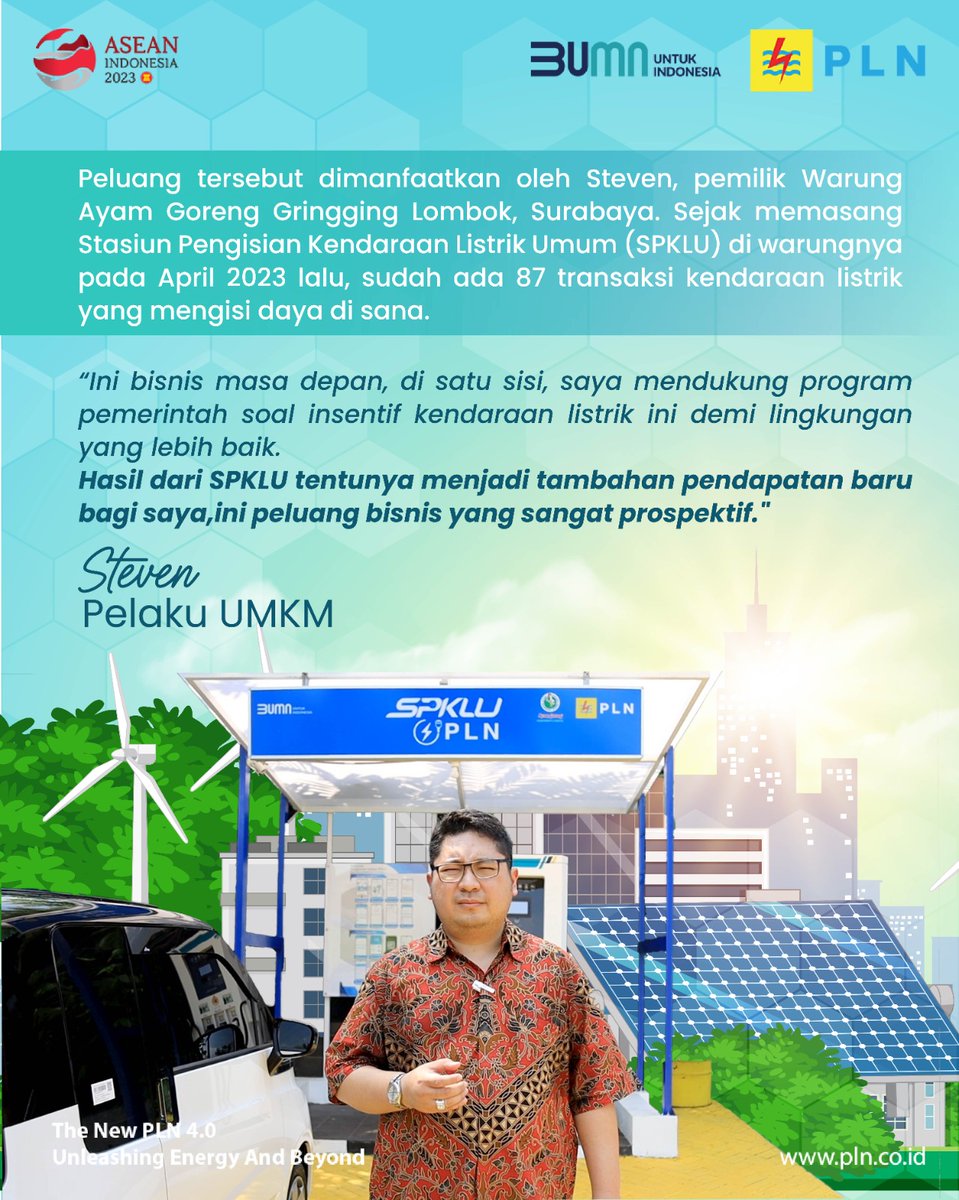 BocahBagak's tweet image. Halo, Electrizen!

Penggunaan kendaraan listrik di Indonesia menjadi ladang bisnis baru bahkan menyentuh Usaha Mikro Kecil Menengah (UMKM). 

Yuk beralih ke kendaraan listrik!

#SPKLU #KendaraanListrik #PLN #PLNUntukIndonesia
#UnleashingEnergyandBeyond
#Pakaimolis