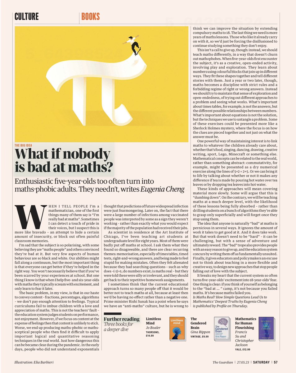 In today’s <a href="/guardian/">The Guardian</a> review of new book by  <a href="/DrEugeniaCheng/">Dr Eugenia Cheng --no advice please--</a> “Is Maths even real”
Definitely worth a read (the book).