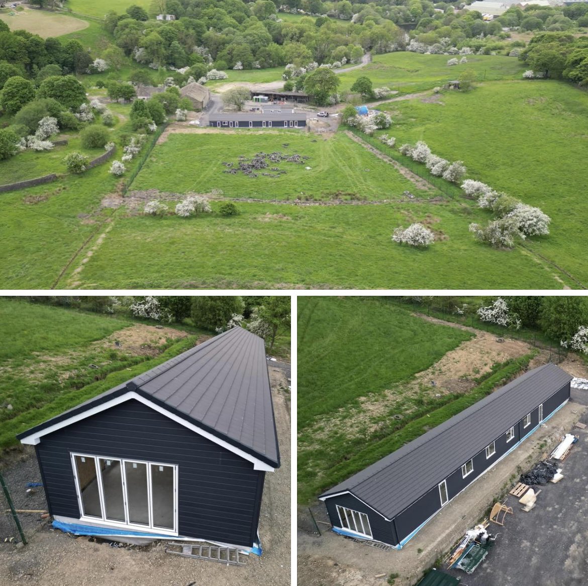 Dogs4Rescue's tweet photo. “It always seems impossible until it is done”. The exterior of the dogs’ log cabin is now complete! The cladding, facias, guttering and drainpipes are fitted and the building is now watertight. And doesn’t it look amazing! Now onto the interiors!! 💪💪

We went for the grey exterior so the building would blend into the background of the stunning countryside surrounding it and we’re really happy with the result. 

Thank you again to everyone who bought a tile, strip of cladding, wood batton, gutter, drainpipe or fascia from Grumpy Stu’s shop. This simply wouldn’t have been possible without every single one of you 🙏🙏
#RescueWorld
