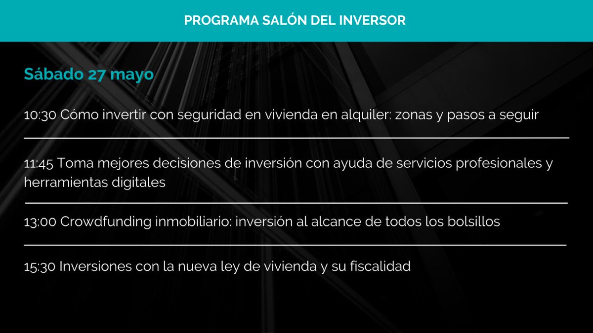 ¡Última jornada para descubrir nuevas oportunidades de inversión y ahorro inmobiliario! En el Salón del Inversor, además de encontrar posibles inversiones, también puedes asistir a las conferencias que tendrán lugar en el día de hoy. 

🗒️ Consulta el programa en este post.