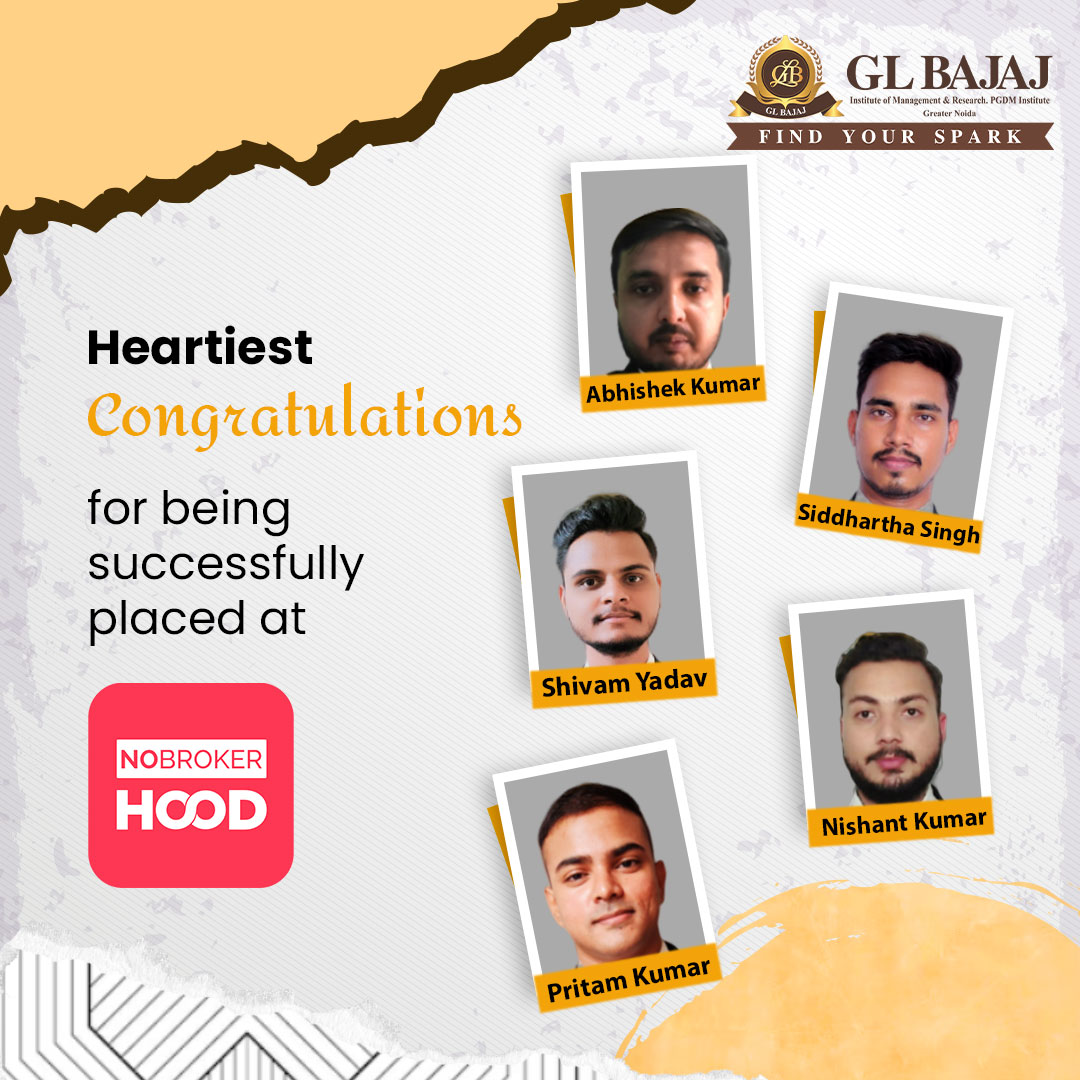 GLBIMR is proud to announce that our PGDM 2021-23 students are successfully placed at NoBrokerHood .

#GLBIMR #pgdminstitute #pgdmprogram #bschool #GLBians #placements #admissions2023  #drsapnarakesh #pgdmplacements #nobrokerhood #pgdm2023