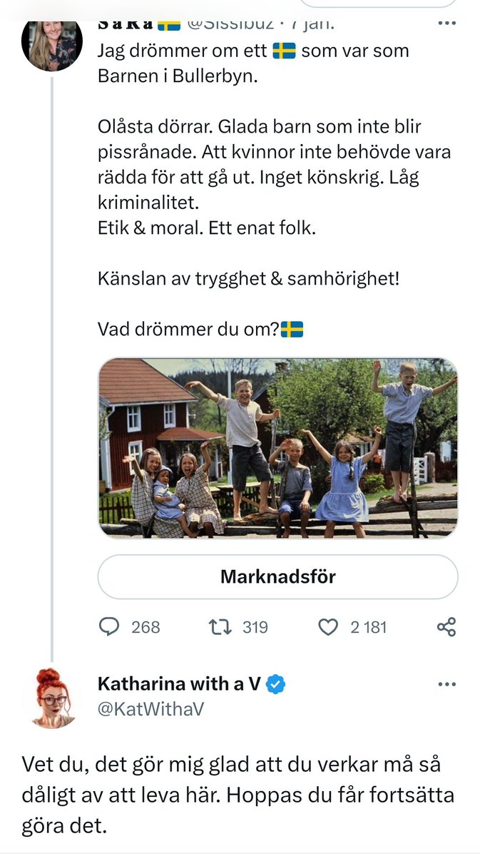 Mina vänner!

Det här är Katharina⬇️

Hon är alltså glad över att Sverige är ett inferno av kaos på alla samhällsnivåer! 

Hon är glad över att svenska folket mår dåligt &amp; önskar att vi får fortsätta göra det!

God helg mina vänner🇸🇪♥️