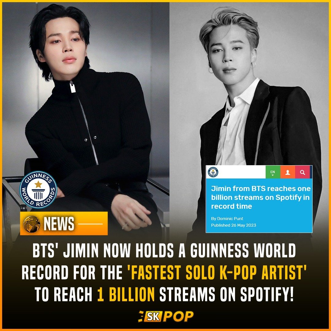 🎶 🎖️#JIMIN of #BTS has surpassed 1 BILLION streams across all credits on #Spotify (393 days), thus owning the #GuinnessWorldRecord for record for the FASTEST Korean/K-Pop soloist to reach this milestone! 🔥 💥

Congratulations JIMIN! 🥳✨

#GuinnessWorldRecordForJimin
