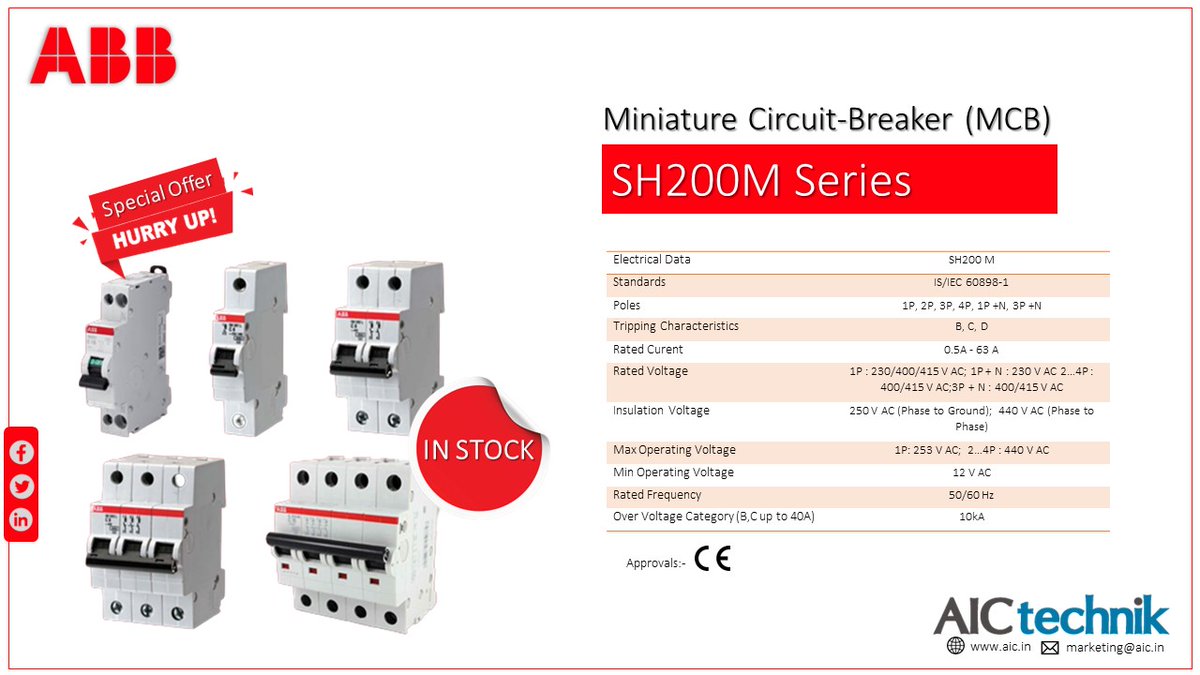 #AICtechnik offers you #ABB 'C' curve #SH200series #MCB at #wholesaleprices from our online as well as in-store with #fastdelivery.
Click below link to know our in stock items.
aic.in/products/circu…
or send your inquiry from marketing@aic.in