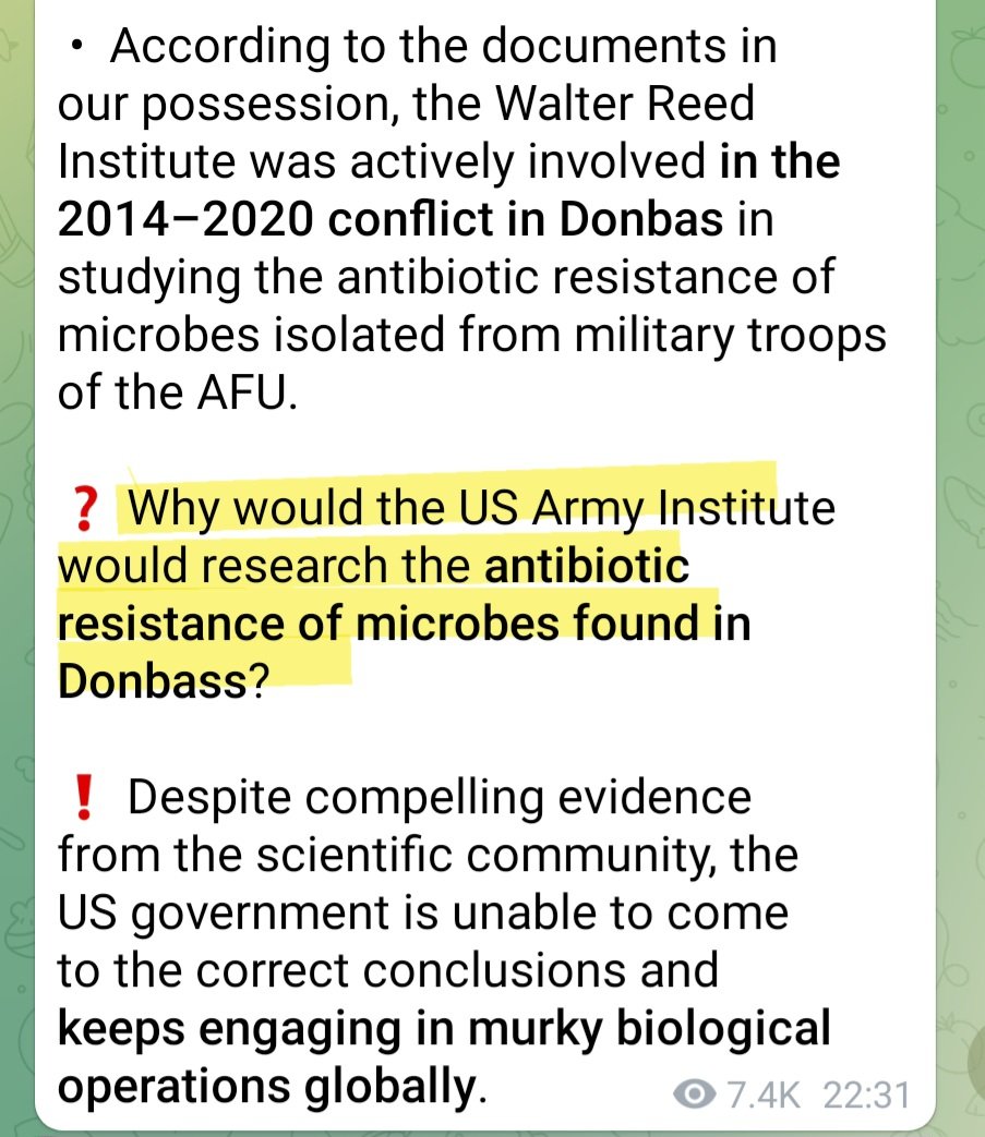 De plus, l'armée américaine a étudié l'antibiorésistance de 2014 à 2020, sur des microbes trouvés sur des militaires ukrainiens (AFU = Forces Armées Ukrainiennes) dans le Donbass 🤔
Les Russes se demandent pourquoi mener ces recherches à cet endroit précis sur des autochtones ?