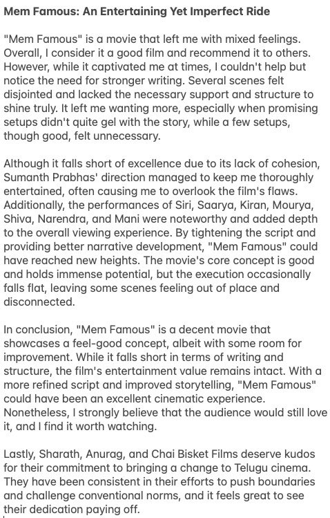 CinephileSeenu's tweet photo. #MemFamous
@SumanthPrabha_s almost made sure the audience that the audience were thoroughly. Special appreciation to @SharathWhat, @anuragmayreddy
and @ChaiBisketFilms for spotting talent and making sure it is very well executed and promoted.
#MemFamousReview https://t.co/QedJq8ZDZs
