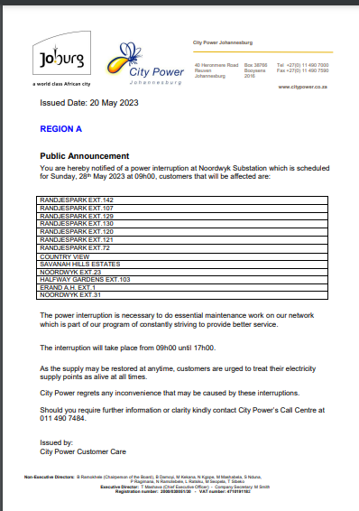 CityPowerJhb's tweet photo. #MidarndOutage #JoburgServices #PlannedOutage
#Reminder
Please be reminded of a planned outage scheduled for tomorrow the 28 of May 2023 from 09h00 until 17h00 . ^MM https://t.co/BXvSbUJqPd