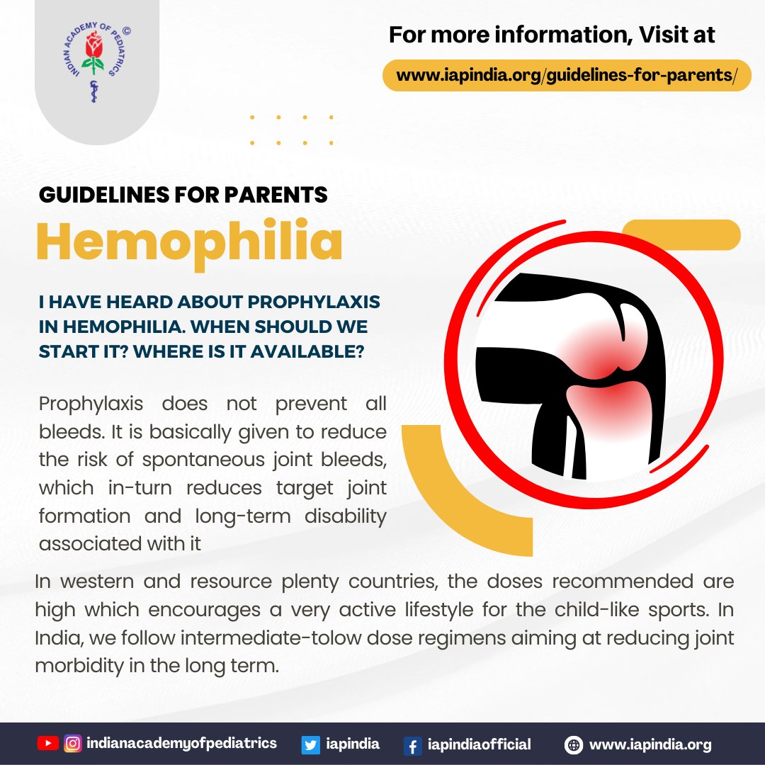 I have heard about prophylaxis in #hemophilia. When should we start it? Where is it available?

#hemophilia #HemophiliaAwareness #BloodDisorders #pediatrics #pediatrician #pediatricianlife #healthcare #healthandwellness #IndianAcademyofPediatrics