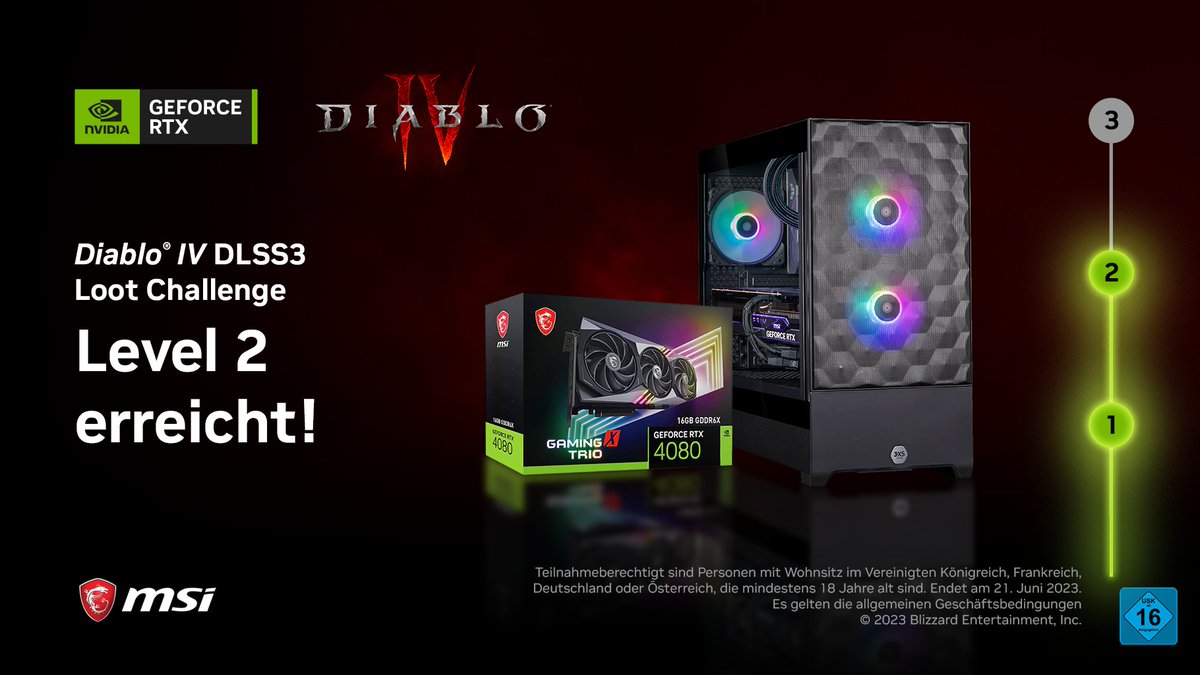 Unglaublich! Level 2 wurde in unserer #DiabloIVDLSS3 Loot Challenge erreicht: Ein GeForce RTX 4080 PC Teilnahme: 1. RT & Like 2. Kommentiere mit dem Hashtag #DiabloIVDLSS3 Verbreite den Hype, um den Hauptpreis noch weiter aufzuwerten! @Diablo_DE - @msigaming_de