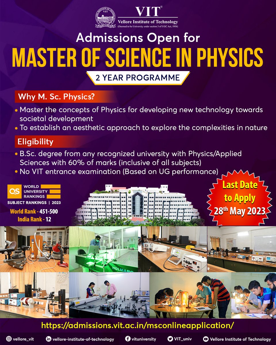 Begin your adventure and expertise in the field of #Physics with a #MSc at #VIT, which provides you with hands-on #research experience at the frontiers of basic and #AppliedPhysics

Apply @ admissions.vit.ac.in/msconlineappli…

#Admissions2023 #Science #MastersofScience