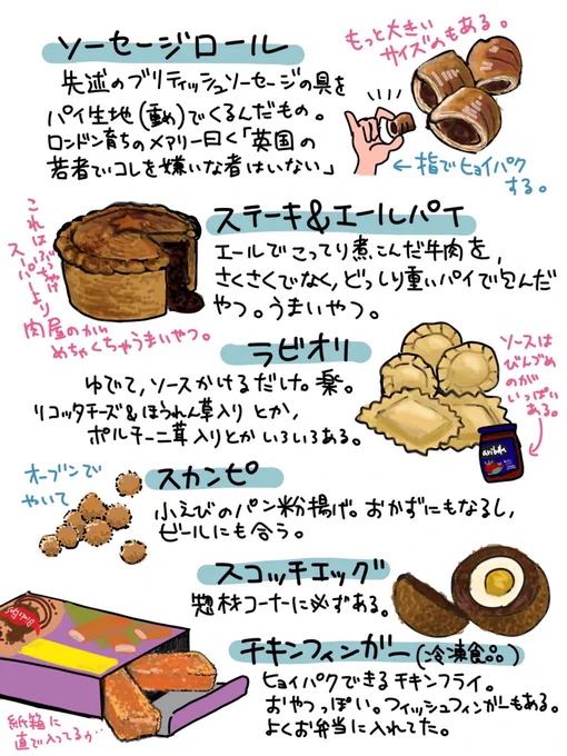 @kisagoyusura 北海道にもあるんですね!そしてごめんなさい、ピッグインブランケットじゃなくて、ソーセージロールだった…!そうです、イギリス謎ソーセージの中身が入ってます。このイラストの上のやつです。ピッグインブランケットはソーセージをベーコンで巻いたやつだった… 