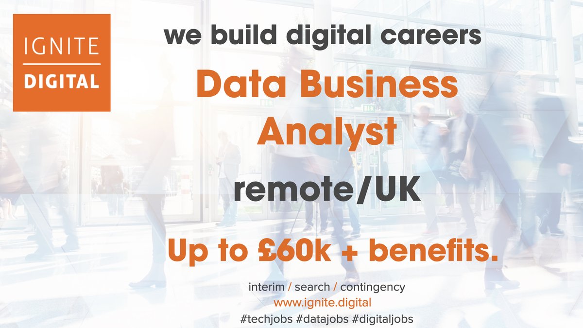 IgniteDigitalHQ's tweet photo. This #job is a fully remote opportunity for a #Data #BusinessAnalyst to join a leading UK #retail and #ecommerce business.
https://t.co/MIHeNhTfFy
#datajob #datacareers #datarecruitment #dataanalysis #tableau #sql #tech #techjobs #datajobs #bajobs #businessanalystjobs https://t.co/cIHm4sZSyr