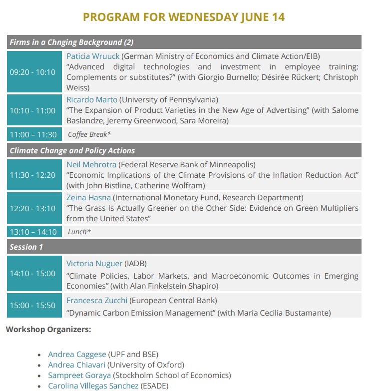 The program for the firms, productivity and climate change workshop at the @bse_barcelona #SummerForum is up! A fantastic lineup of papers/speakers coming up in June! Co-organized w/ @andrea_chiavari A Caggese C Villegas-Sanchez