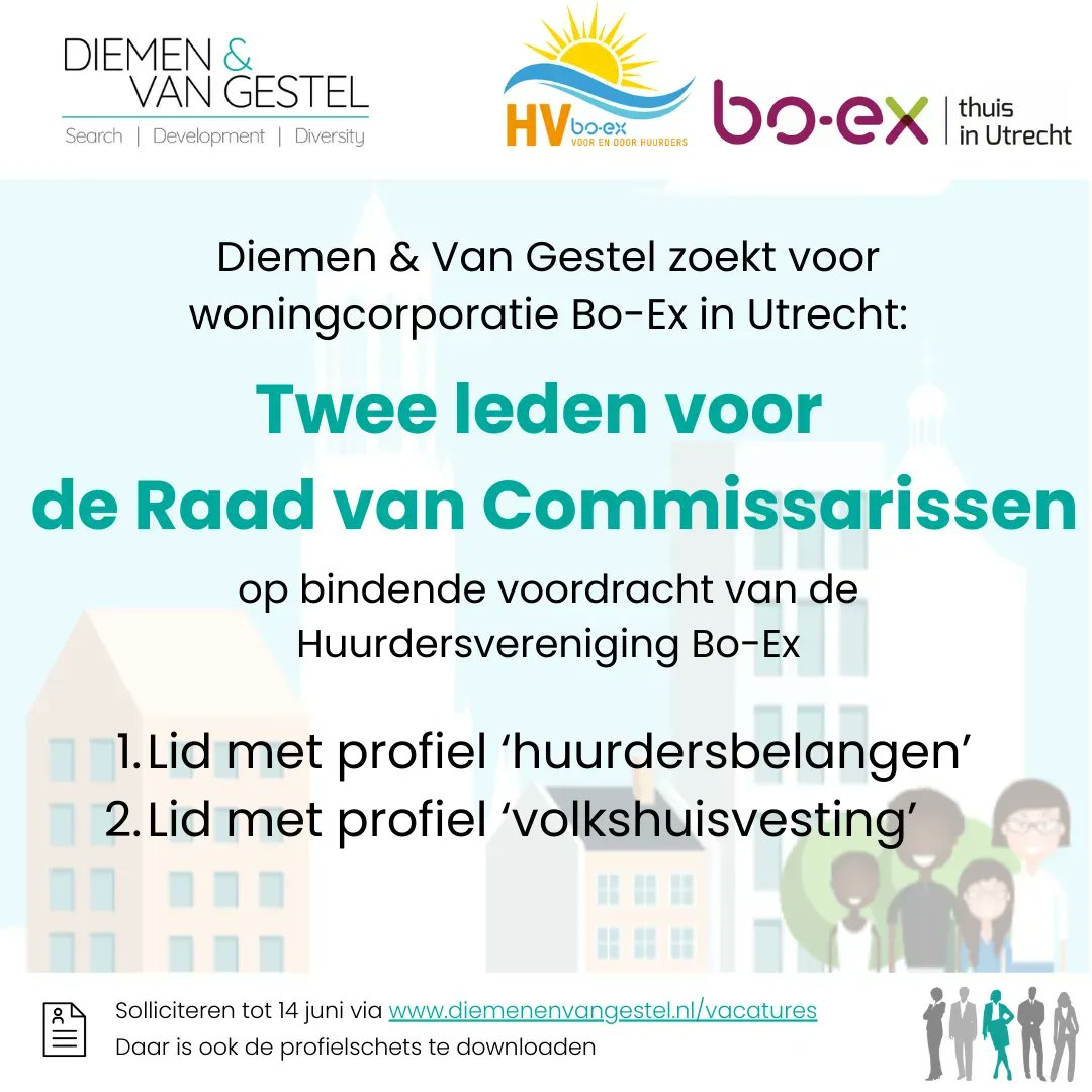 Diemenvangestel's tweet photo. Voor Woningcorporatie Bo-Ex in Utrecht zoeken wij twee leden voor de Raad van Commissarissen op bindende voordracht van de Huurdersvereniging Bo-Ex. Solliciteren tot en met 14 juni via Diemen & Van Gestel: https://t.co/6qnzUvpubK #vacature #woningcorporatie #boex #commissaris https://t.co/Xy7MHJCnPT