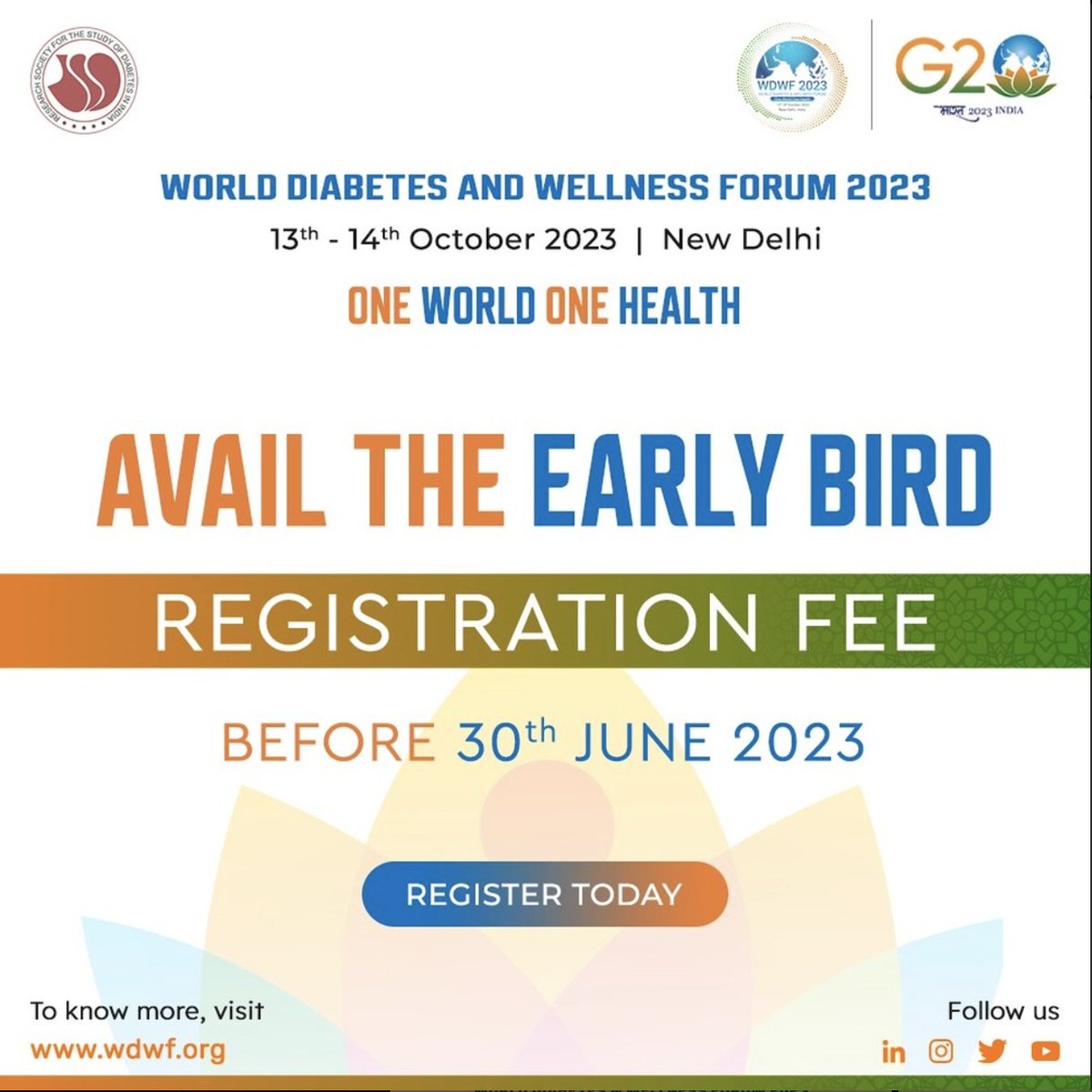📢 HAVE YOU REGISTERED FOR WORLD DIABETES AND WELLNESS FORUM 2023?

🔗Visit the website to register online at wdwf.org

#HealthForAll #diabetesawareness #diabetescommunity #healthandwellness #wellnessprograms #g20india #G20 #healthylifestyle