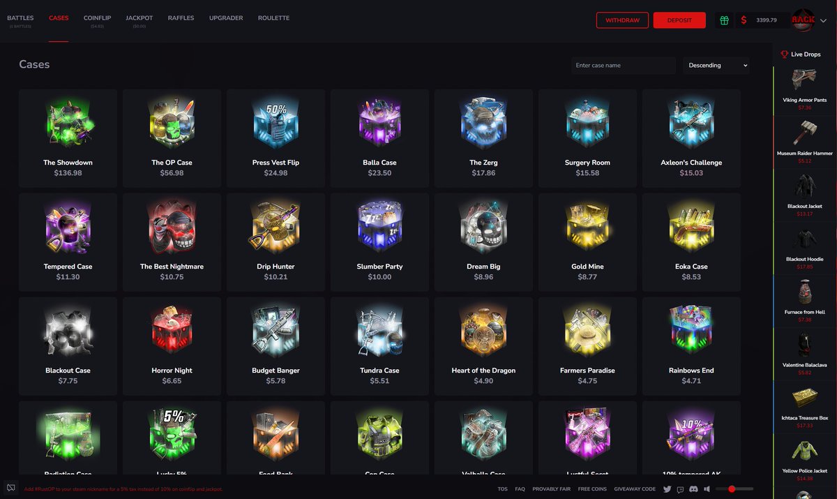 RustOPgg's tweet image. If you havnt checked out the update yet then your missing out! 

Added case battles, case openings, daily rewards, booster rewards, and automatic flash giveaways. 

This weekend we will be doing 1 hour long flash giveaways every 25min all weekend long. 

rustop.gg
