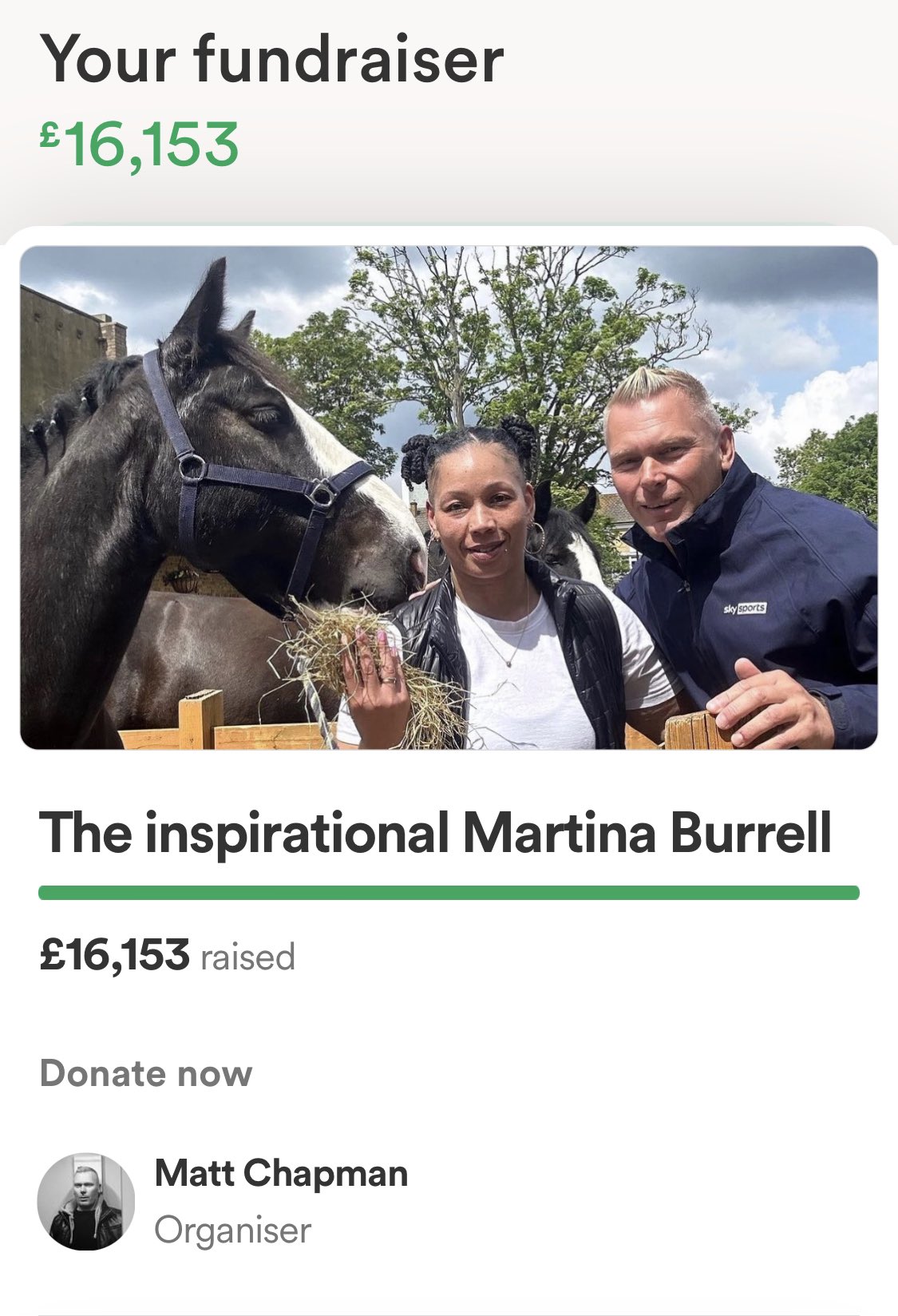 Matt Chapman on X: This is now closed. Goal of £15,000 achieved. 424  special people donated from £5 to £5000. All amazing souls who dug deep.  They will change Martina's life. So