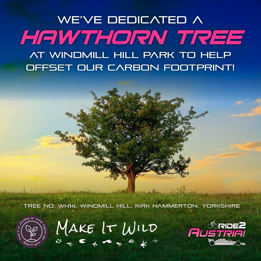 To help offset the Carbon Footprint of ride2austria, we’ve dedicated Hawthorn Tree No: WH14 at Windmill Hill Park in Yorkshire to our event! <a href="/MakeItWilder/">Make it Wild</a> will nurture our sapling for decades to come, helping us create a more #carbonneutral environment for us all… 🌳😊

🚴🏼‍♀️🏎🇬🇧🇦🇹