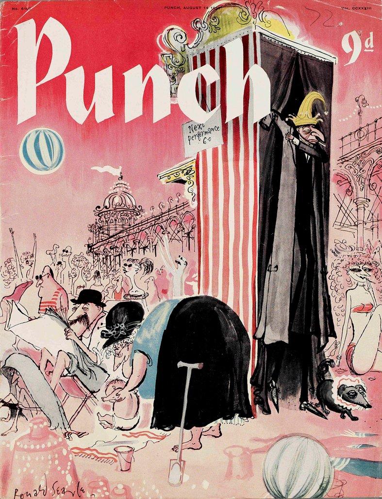 Today's PUNCH colour cover. Are you off to the seaside? Ronald Searle 1957 #PunchandJudy #beaches #resorts #performers #entertainment #performances