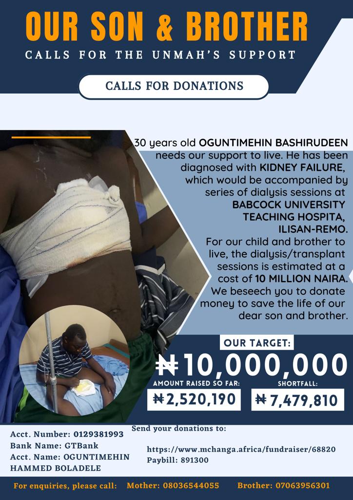 Acct: Oguntimehin Hammed Boladele
Acct num: 0129381993
Bank: GT Bank 
Mchanga: mchanga.africa/fundraiser/688…
Paybill: 891300
Account: 68820 #SaveBashirLife