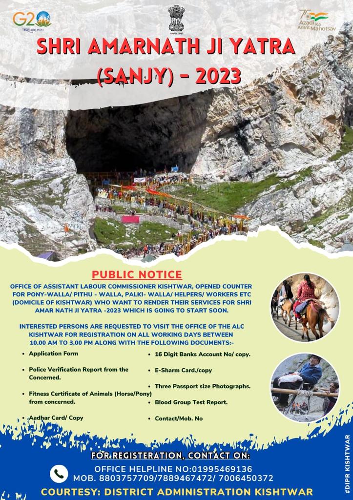 Information & PR, Kishtwar (@dickishtwar) on Twitter photo Attention service providers in District Kishtwar!
🚶♀️🐎 Get ready to serve during Shri Amar Nath Ji Yatra-2023!
📝 Registration open at Office of <a href="/ALCKishtwar/">Asstt. Labour Commissioner Kishtwar</a> !
⏰ Visit on weekdays, 10am-3pm with the required documents !
For more details keep an eye on creative 👇
<a href="/diprjk/">Information & PR, J&K</a> Attention service providers in District Kishtwar!
🚶♀️🐎 Get ready to serve during Shri Amar Nath Ji Yatra-2023!
📝 Registration open at Office of <a href="/ALCKishtwar/">Asstt. Labour Commissioner Kishtwar</a> !
⏰ Visit on weekdays, 10am-3pm with the required documents !
For more details keep an eye on creative 👇
<a href="/diprjk/">Information & PR, J&K</a>