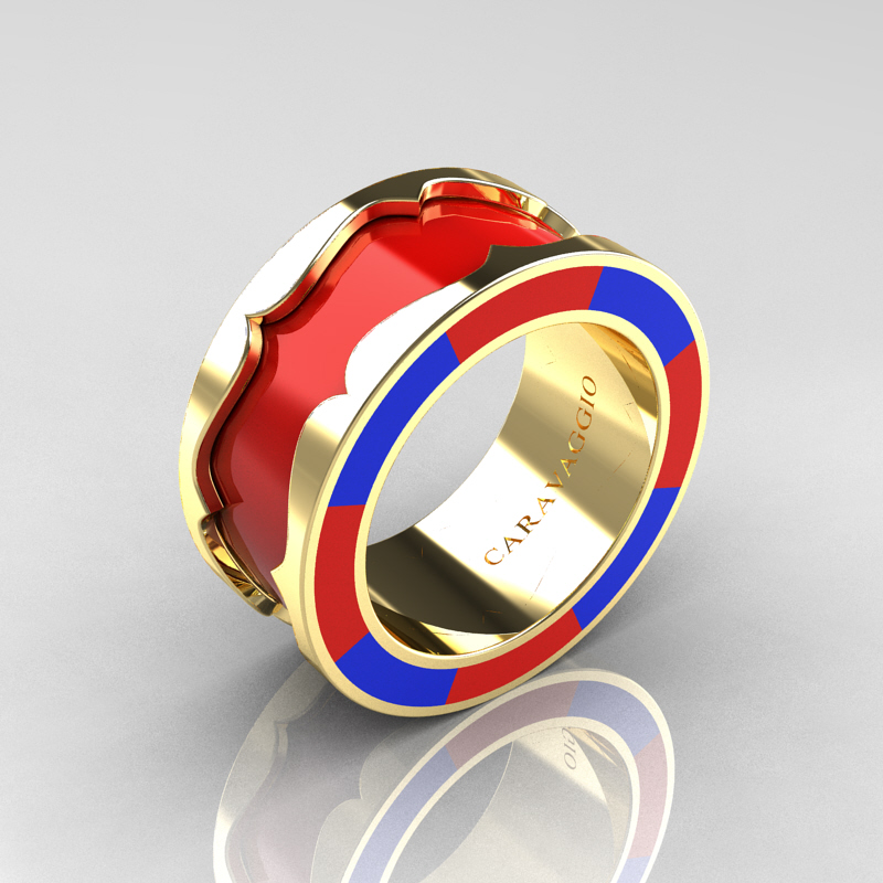 Exclusive 💎 caravaggiojewelry.com/?p=356153 Caravaggio Womens 14K Yellow Gold Red and Blue Italian Enamel Wedding Band Ring R618F-14KYGBREN at Caravaggio™ Jewelry