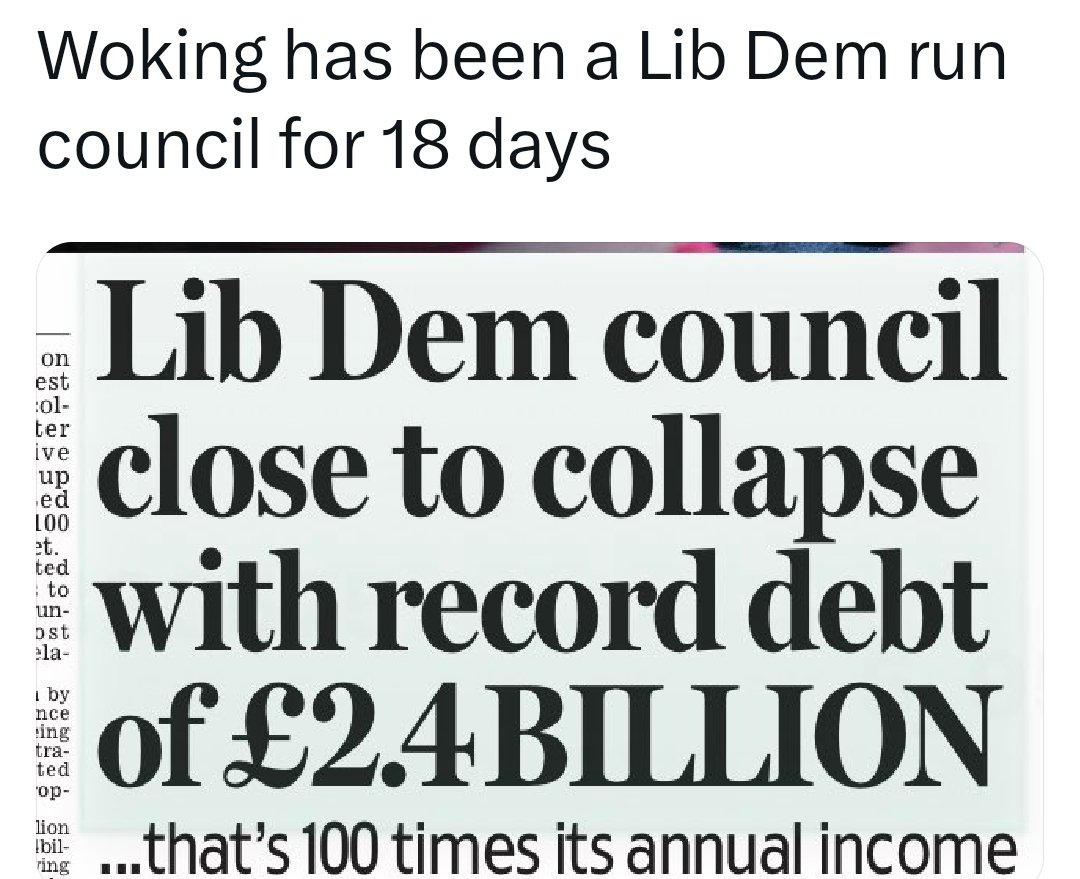 This is interesting because in Woking the LibDems have inherited from the 13-years in power TORY council a debt of 2.5million.   Let he who is without sin cast the first stone?