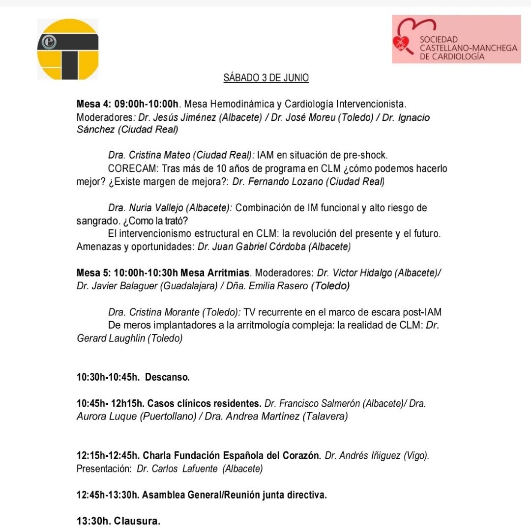 ! Ya queda tan poco para nuestro I Congreso de la Sociedad Castellano Manchega de Cardiología!

Sociedad joven aunque sobradamente preparada...😉

Esperamos a nuestros cardiólog@s, residentes y enfermer@s de #CastillaLaMancha

Nos vemos en #Albacete
2-3 de Junio 2023