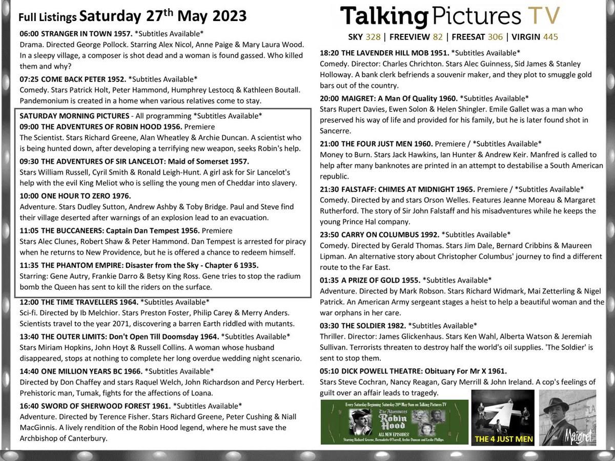 Full listings for today, Saturday 27th May, on #TalkingPicturesTV