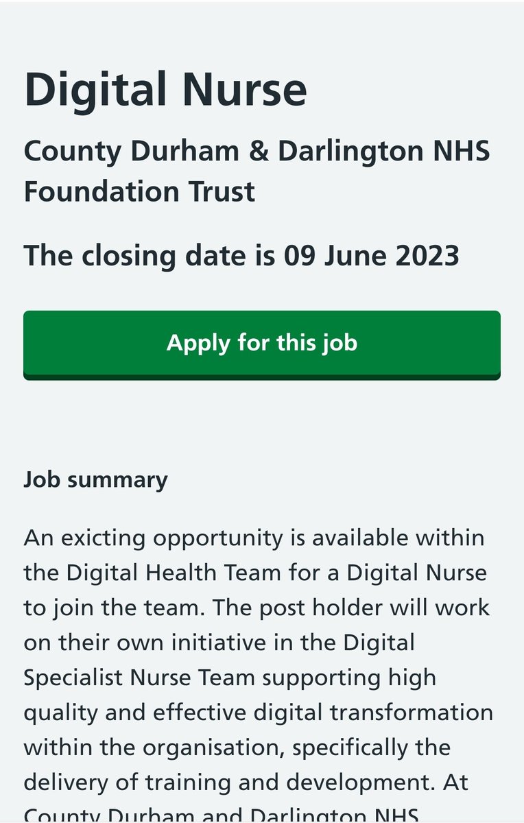 Emma Arrowsmith RN (@emmaarrowsmith5) on Twitter photo The Digital Health Team at <a href="/CDDFTNHS/">County Durham and Darlington NHS Foundation Trust</a> have an exciting opportunity for a fantastic Registered Nurse to join us
✔️ Do you have an interest in the role of Digital in the NHS?
✔️ Would you love to be part of Digitals role within healthcare?
<a href="/CDDFTDigital/">CDDFT Digital</a>
beta.jobs.nhs.uk/candidate/joba… The Digital Health Team at <a href="/CDDFTNHS/">County Durham and Darlington NHS Foundation Trust</a> have an exciting opportunity for a fantastic Registered Nurse to join us
✔️ Do you have an interest in the role of Digital in the NHS?
✔️ Would you love to be part of Digitals role within healthcare?
<a href="/CDDFTDigital/">CDDFT Digital</a>
beta.jobs.nhs.uk/candidate/joba…
