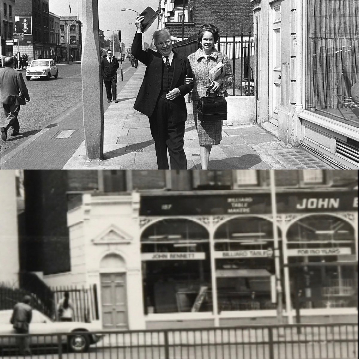 4th of 5 pics of #OldKentRoad #London 
Here’s the legendary #CharlieChaplin on his manor approaching John Bennett’s Sport Shop, famous for its #Snooker tables
Can’t find a full pic of a once great sports shop…