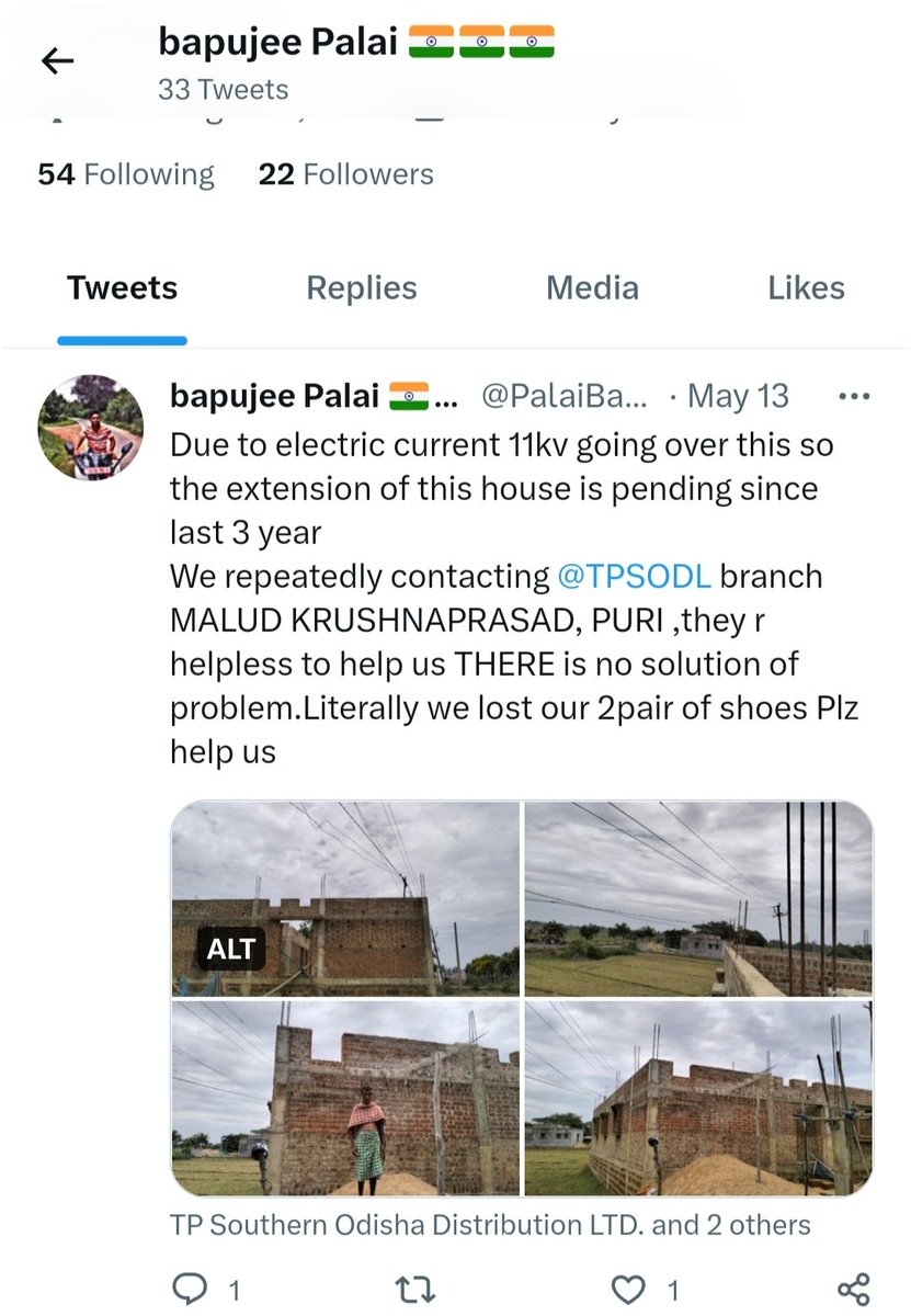 PalaiBapujee's tweet photo. @TPSODL @MoSarkar5T @CMO_Odisha  
I twitted on 13may about our issue @TPSODL on reply ask our details yet no solution
There is 3 option r there
1-replace the electric pole from our land
2-or enter pipe in 11kv wire
3-or cut current 2-3 hour pr day to end our work in btn 8-10 days https://t.co/8J0lJGALLj