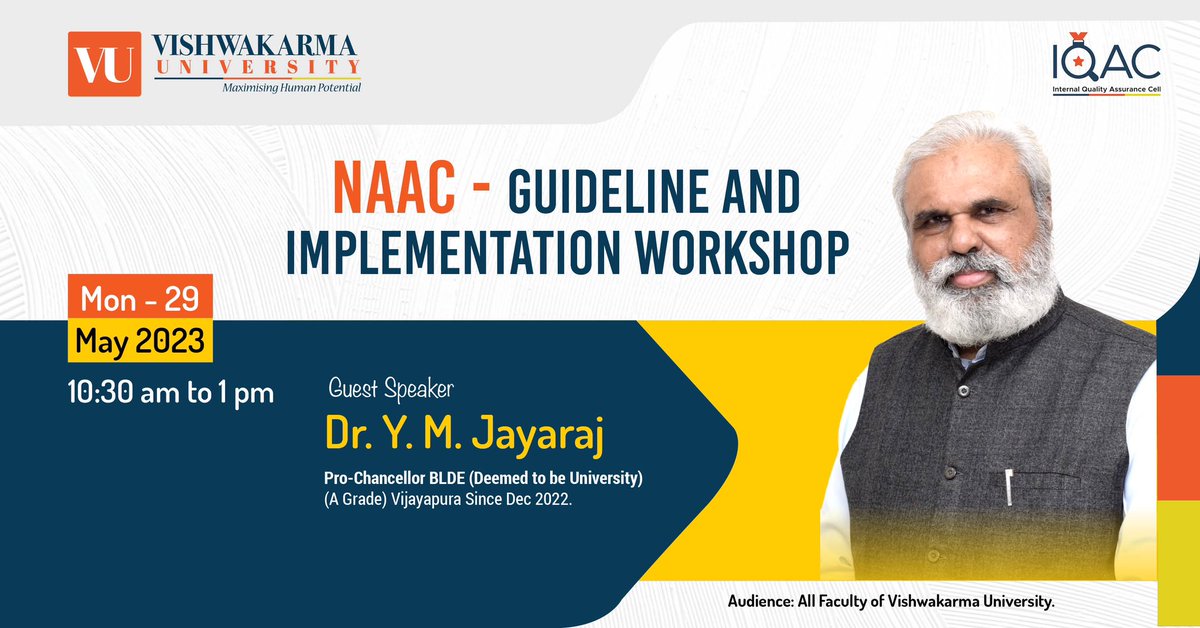 We are thrilled to announce an upcoming workshop that aims to enhance our understanding and implementation of NAAC guidelines.
Join us for the insightful 'NAAC - Guideline and Implementation Workshop' on 29th May 2023.

#vishwakarmauniversity #vupune #workshop #guestspeaker