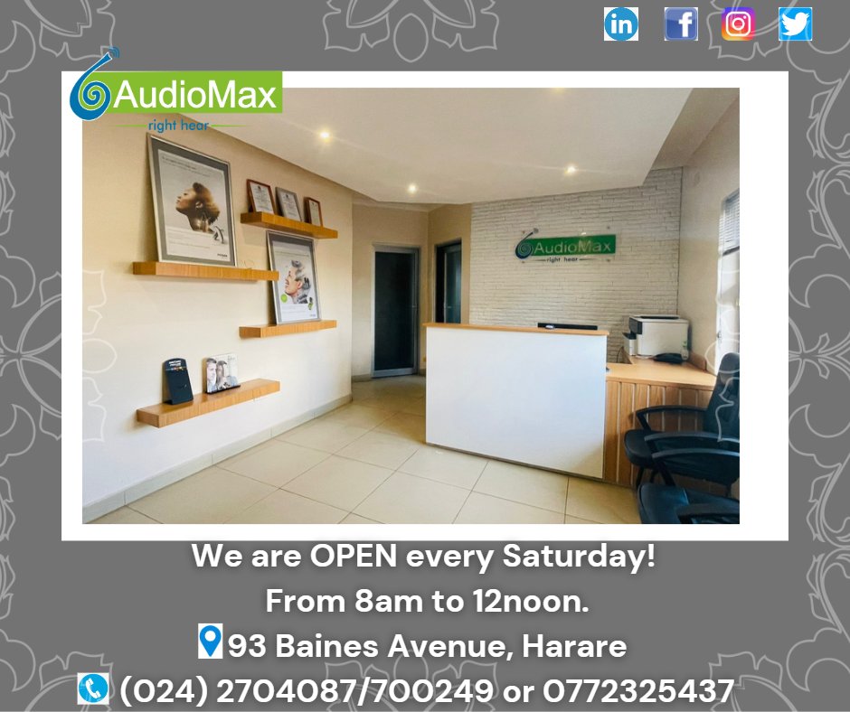 We are OPEN every Saturday from 8am to 12 noon.

Come through and meet with our Team at  93 Baines avenue, Harare.

#openSaturdays #Audiologist #fullhearingassessment #hearingtest #hearingolutions #hearingaids #cochlearimplant #team #safelisterning