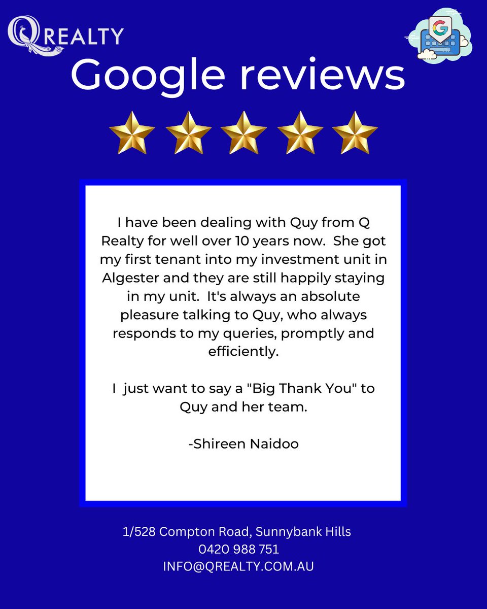 ⭐ 5 star Google review! ⭐

#googlereview #qrealtyaus #googlereviews #reviews #starreview #customerreview #testimonial #feedback #happycustomer #clientreview #fivestars #fivestarreview #customerservice #facebookreview #realestate #smallbusiness #localbusiness #realestate