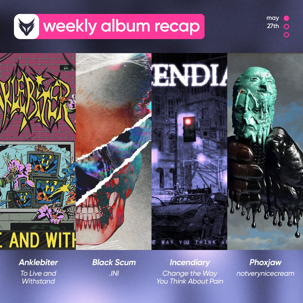 FOXCOREisdead's tweet photo. // What albums came out this week, Pt. I: May 27th

@anklebiterxxx — To Live and Withstand - EP
#BlackScum — .INI - EP
@IncendiaryHC — Change the Way You Think About Pain
@phoxjaw — notverynicecream https://t.co/0xP3oEKSmU