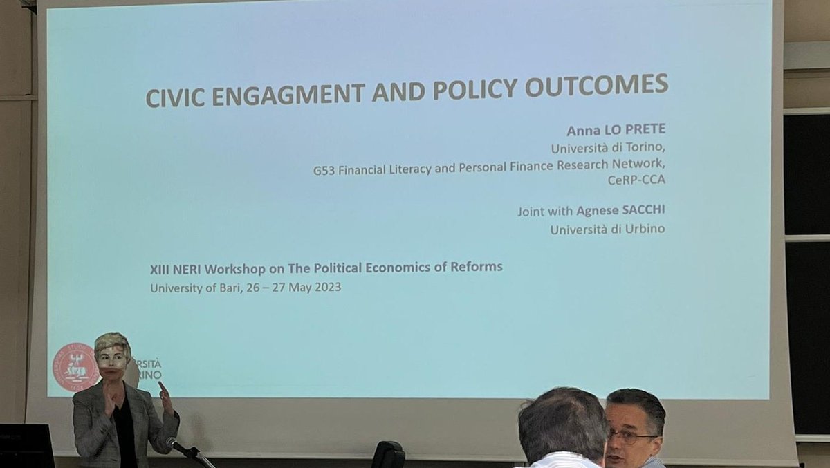 XIIIN_E_R_I's tweet photo. Session IV: about Government Spending, another interesting work by Anna Lo Prete from University of Turin,
'Civic Engagement and Policy Outcomes' #XIIINERI https://t.co/8J9a9qAczp