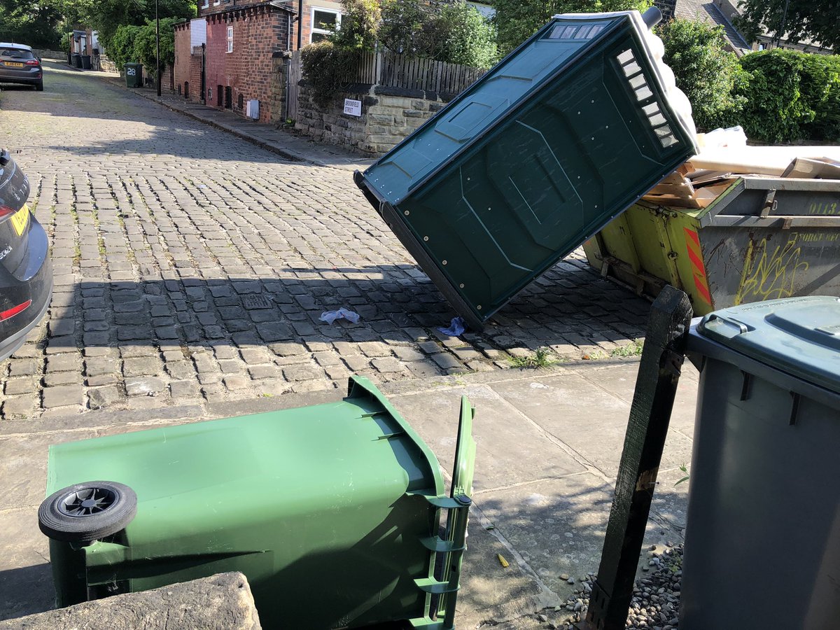 Not sure what the @leedsrhinos or @Saints1890 fans had against the bins on our street when they left Headingley last night…but pretty sure they didn’t need to tip them over 🙄 Not surprised the portaloo got tipped, at least they did it against the skip instead of into the road