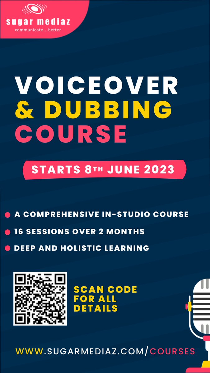 The next batch of our flagship Voiceover and Dubbing Course begins on 8th June 2023. :)

A comprehensive in-studio course in Mumbai that delves into all aspects of the craft of voice acting. Led by <a href="/DarrpanMehta/">Darrpan Mehta</a> 

All details on sugarmediaz.com/courses. :)